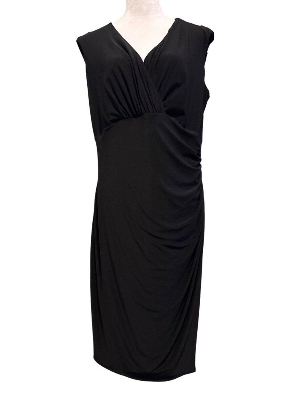 Lauren Ralph Lauren V-Neck Black Sheath Ruched Midi Dress Size 16W